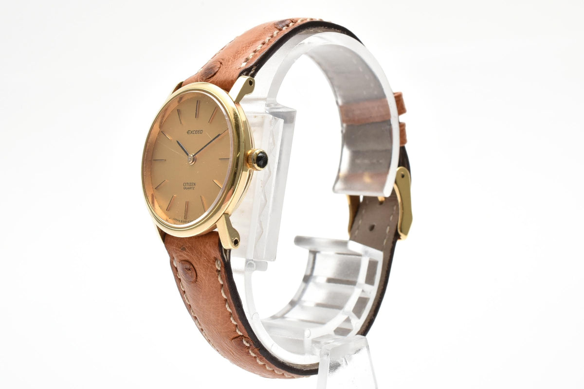 CITIZEN シチズン EXCEED エクシード 4-831641 メンズ クォーツ 腕時計 18K ゴールド 金無垢ケース ゴールド文字盤 ブラウン レザーストラップ 24.8mm 1980年代 ヴィンテージ