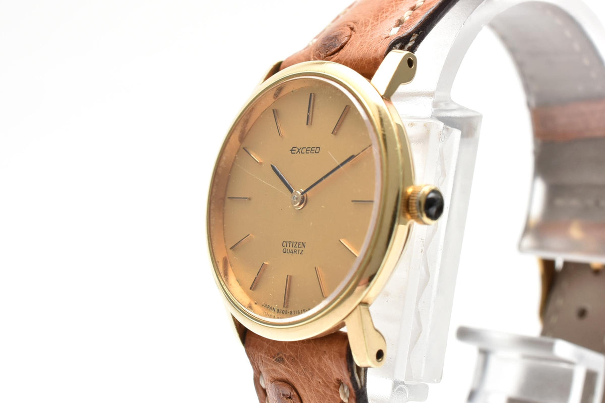 CITIZEN シチズン EXCEED エクシード 4-831641 メンズ クォーツ 腕時計 18K ゴールド 金無垢ケース ゴールド文字盤 ブラウン レザーストラップ 24.8mm 1980年代 ヴィンテージ