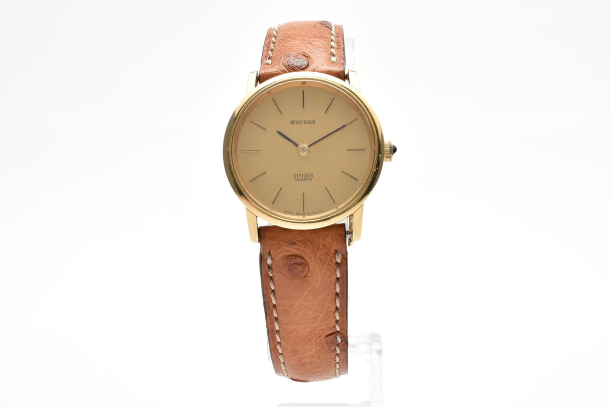 CITIZEN シチズン EXCEED エクシード 4-831641 メンズ クォーツ 腕時計 18K ゴールド 金無垢ケース ゴールド文字盤 ブラウン レザーストラップ 24.8mm 1980年代 ヴィンテージ
