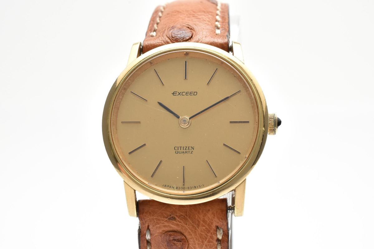 CITIZEN シチズン EXCEED エクシード 4-831641 メンズ クォーツ 腕時計 18K ゴールド 金無垢ケース ゴールド文字盤 ブラウン レザーストラップ 24.8mm 1980年代 ヴィンテージ