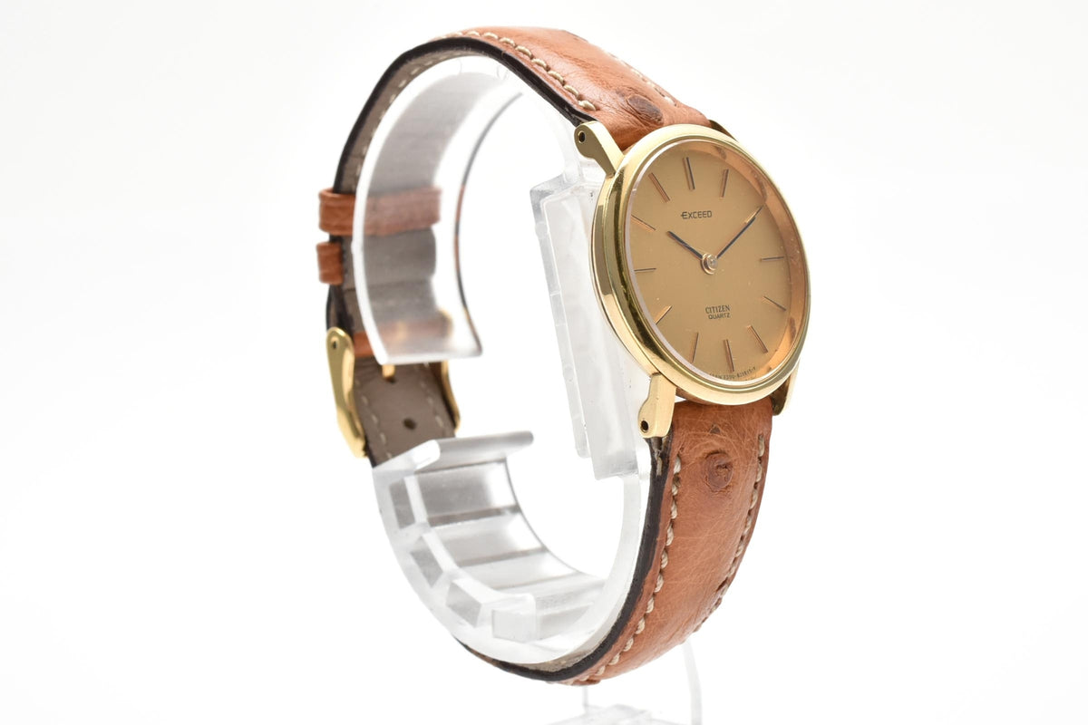 CITIZEN シチズン EXCEED エクシード 4-831641 メンズ クォーツ 腕時計 18K ゴールド 金無垢ケース ゴールド文字盤 ブラウン レザーストラップ 24.8mm 1980年代 ヴィンテージ
