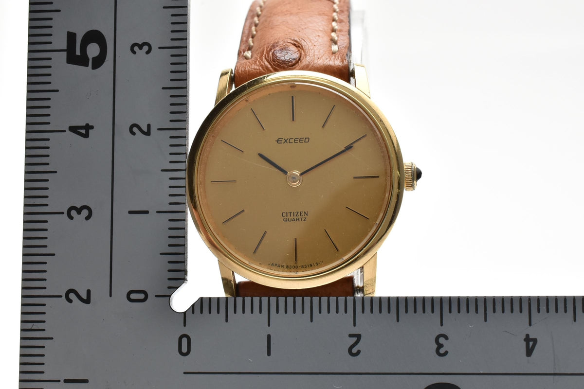 CITIZEN シチズン EXCEED エクシード 4-831641 メンズ クォーツ 腕時計 18K ゴールド 金無垢ケース ゴールド文字盤 ブラウン レザーストラップ 24.8mm 1980年代 ヴィンテージ