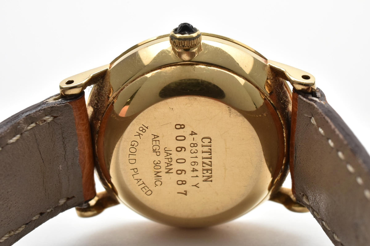 CITIZEN シチズン EXCEED エクシード 4-831641 メンズ クォーツ 腕時計 18K ゴールド 金無垢ケース ゴールド文字盤 ブラウン レザーストラップ 24.8mm 1980年代 ヴィンテージ