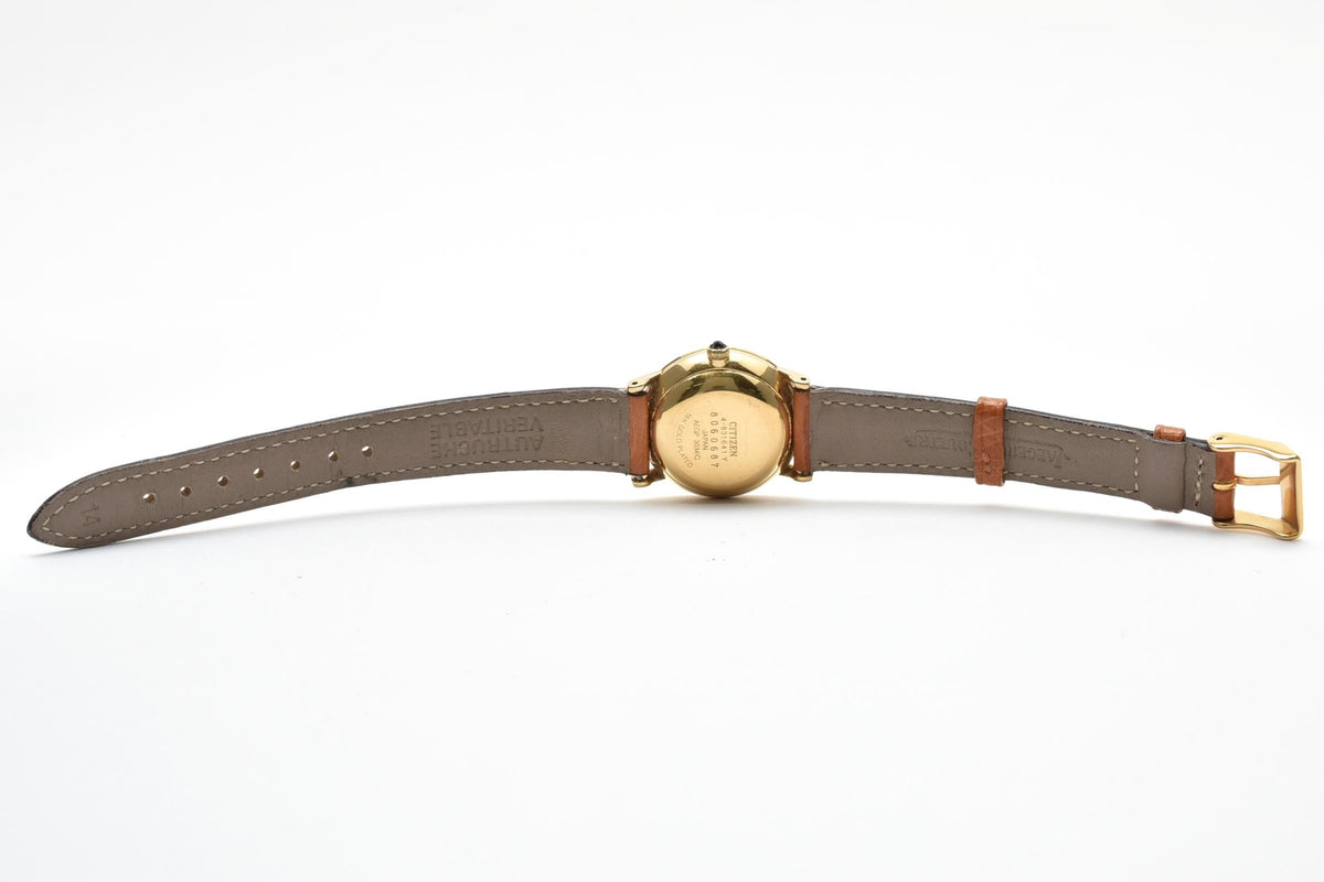 CITIZEN シチズン EXCEED エクシード 4-831641 メンズ クォーツ 腕時計 18K ゴールド 金無垢ケース ゴールド文字盤 ブラウン レザーストラップ 24.8mm 1980年代 ヴィンテージ