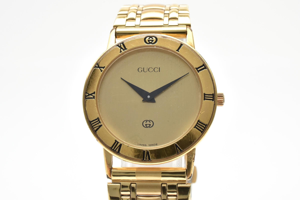 GUCCI グッチ 3000L レディース クォーツ 腕時計 ゴールド文字盤 2針 ローマ数字ベゼル ゴールドプレート ステンレス ブレスレット 27.5mm 1990年代 ヴィンテージ
