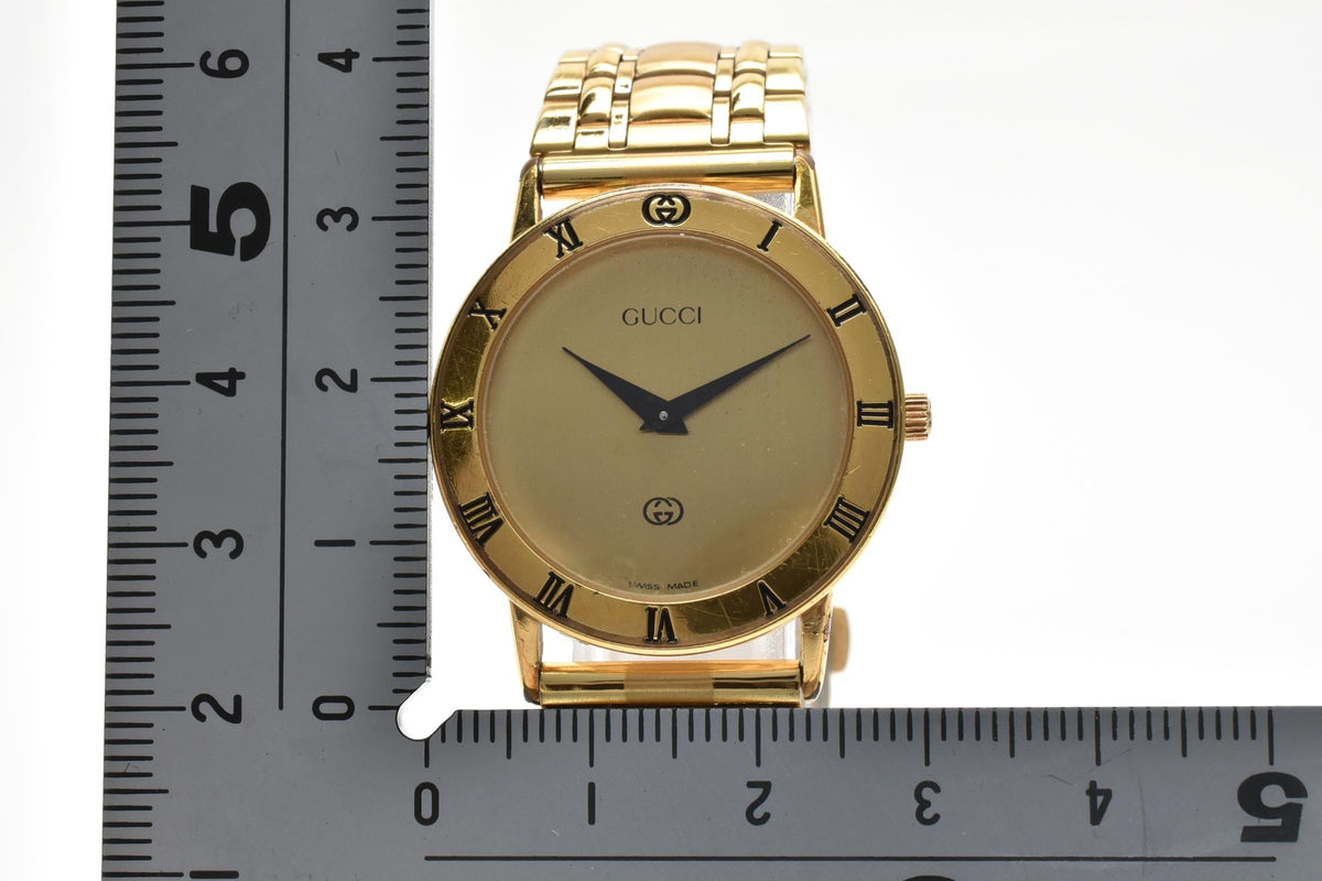 GUCCI グッチ 3000L レディース クォーツ 腕時計 ゴールド文字盤 2針 ローマ数字ベゼル ゴールドプレート ステンレス ブレスレット 27.5mm 1990年代 ヴィンテージ