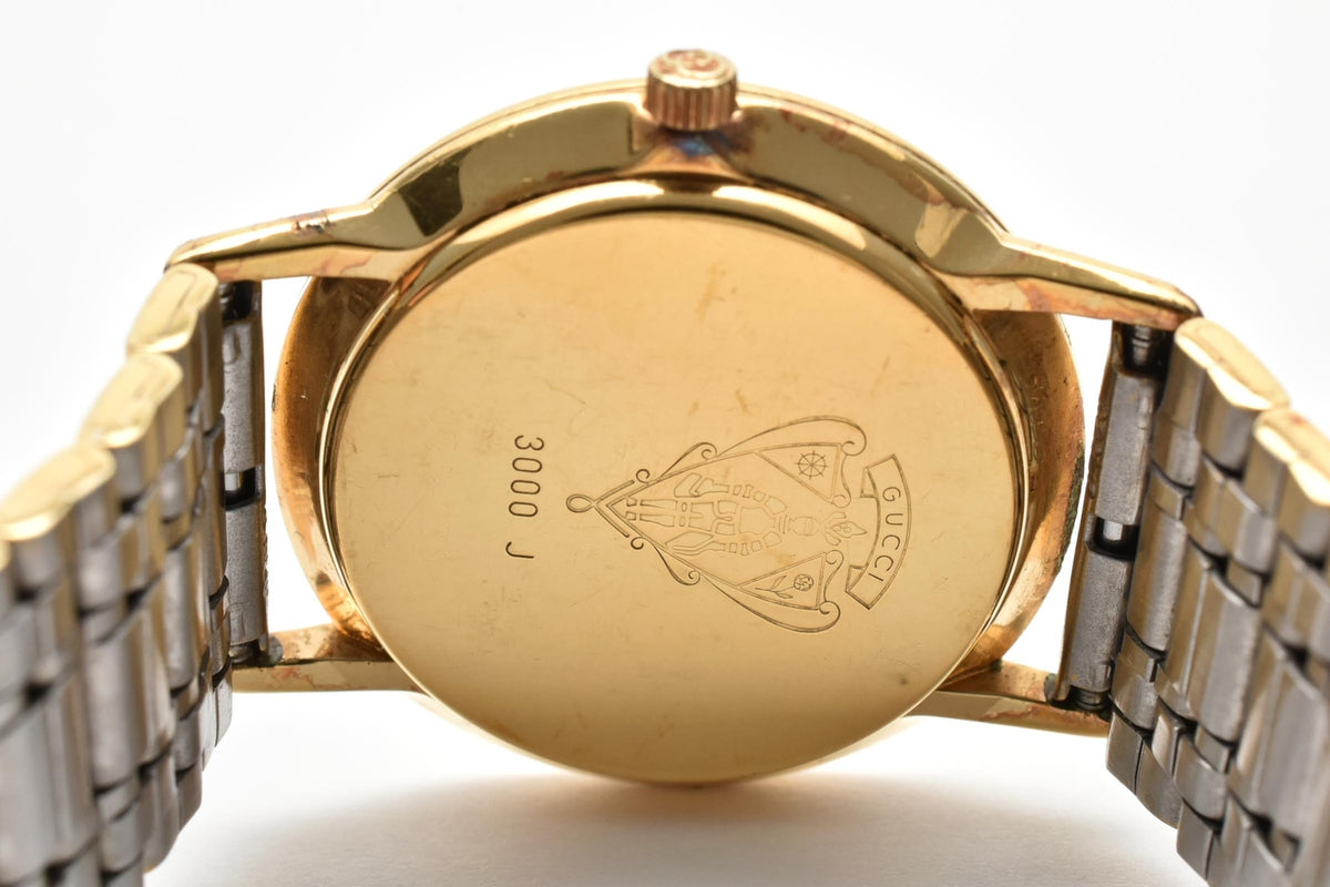 GUCCI グッチ 3000L レディース クォーツ 腕時計 ゴールド文字盤 2針 ローマ数字ベゼル ゴールドプレート ステンレス ブレスレット 27.5mm 1990年代 ヴィンテージ