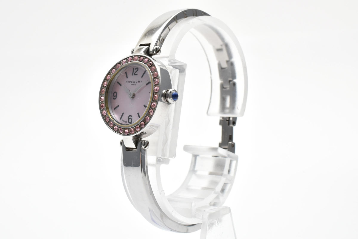 GIVENCHY ジバンシィ CE607045 レディース クォーツ 腕時計 ピンク文字盤 アラビア数字 ストーン装飾 ステンレス バングル ブレスレット 21mm 2000年代