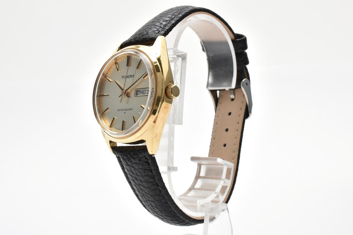 SEIKO セイコー Tomony トモニー 5000-8010 メンズ 手巻き 腕時計 ゴールド文字盤 デイデイト ステンレス ブラック レザーストラップ 35mm 1970年代 ヴィンテージ