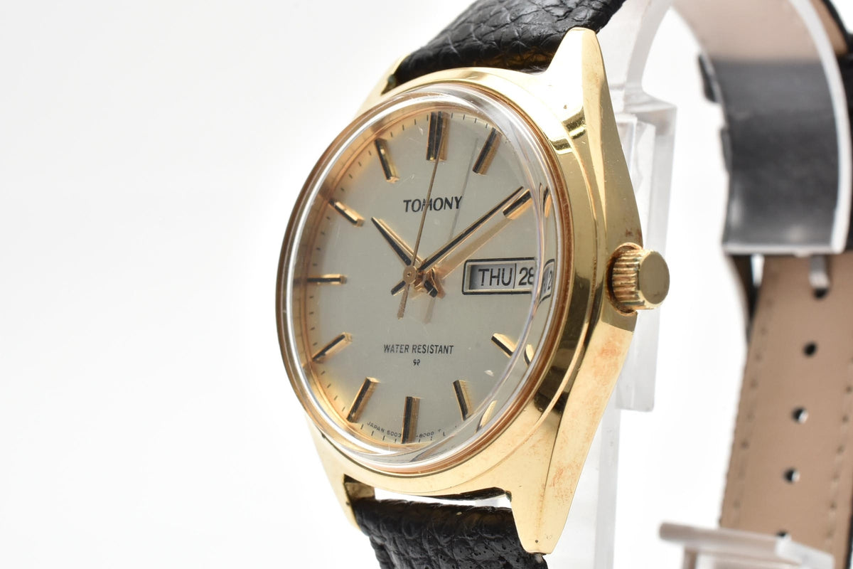 SEIKO セイコー Tomony トモニー 5000-8010 メンズ 手巻き 腕時計 ゴールド文字盤 デイデイト ステンレス ブラック レザーストラップ 35mm 1970年代 ヴィンテージ