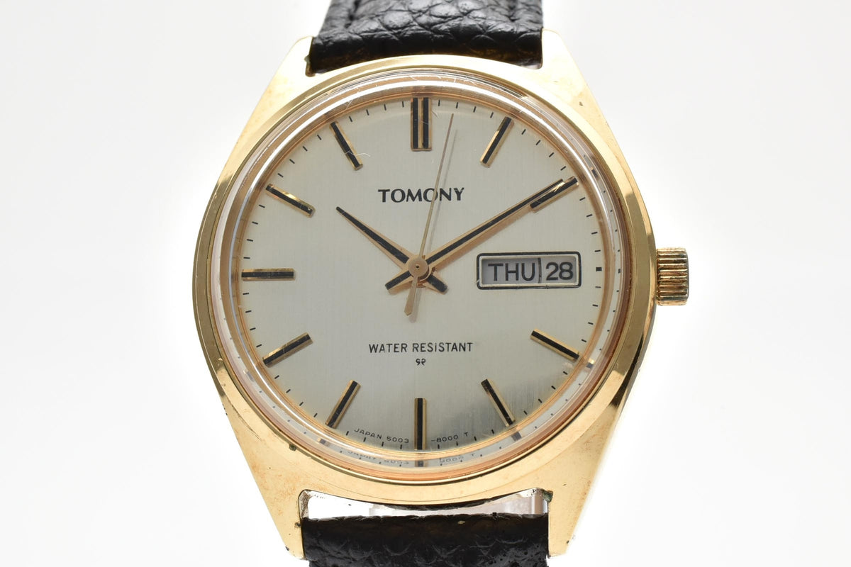 SEIKO セイコー Tomony トモニー 5000-8010 メンズ 手巻き 腕時計 ゴールド文字盤 デイデイト ステンレス ブラック レザーストラップ 35mm 1970年代 ヴィンテージ