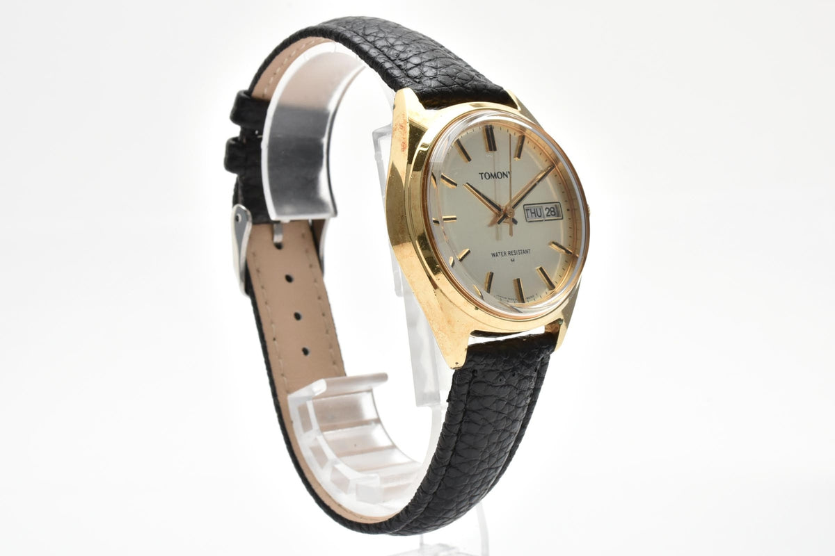 SEIKO セイコー Tomony トモニー 5000-8010 メンズ 手巻き 腕時計 ゴールド文字盤 デイデイト ステンレス ブラック レザーストラップ 35mm 1970年代 ヴィンテージ