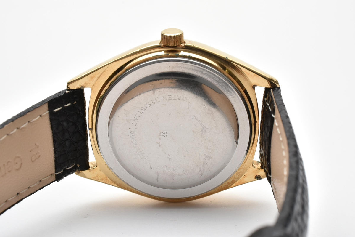 SEIKO セイコー Tomony トモニー 5000-8010 メンズ 手巻き 腕時計 ゴールド文字盤 デイデイト ステンレス ブラック レザーストラップ 35mm 1970年代 ヴィンテージ