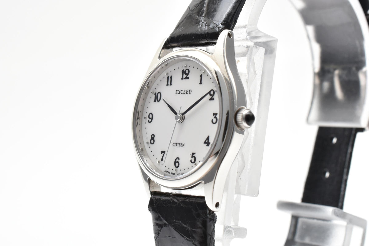 CITIZEN シチズン EXCEED エクシード 3330-H08428 レディース クォーツ 腕時計 ホワイト文字盤 アラビア数字 3針 ステンレス ブラック レザーストラップ 22mm 1990年代 ヴィンテージ