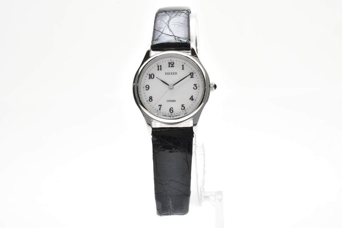 CITIZEN シチズン EXCEED エクシード 3330-H08428 レディース クォーツ 腕時計 ホワイト文字盤 アラビア数字 3針 ステンレス ブラック レザーストラップ 22mm 1990年代 ヴィンテージ
