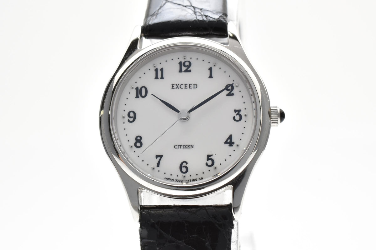 CITIZEN シチズン EXCEED エクシード 3330-H08428 レディース クォーツ 腕時計 ホワイト文字盤 アラビア数字 3針 ステンレス ブラック レザーストラップ 22mm 1990年代 ヴィンテージ