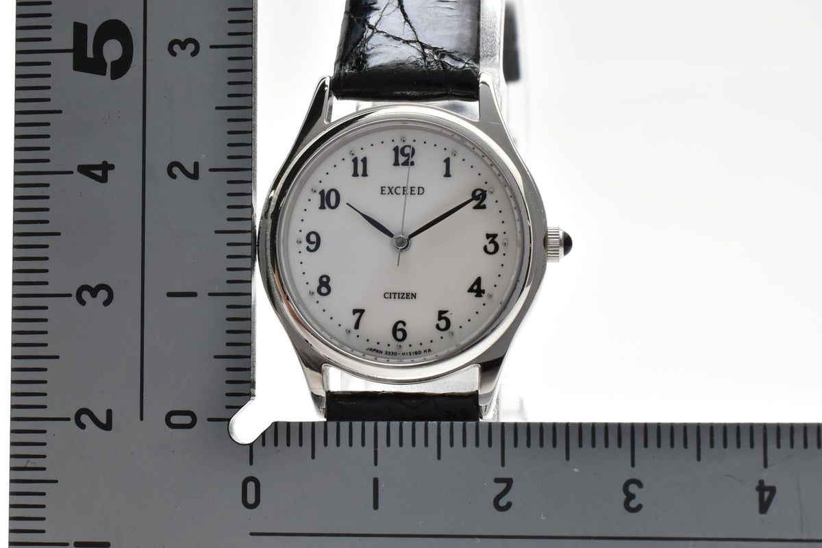 CITIZEN シチズン EXCEED エクシード 3330-H08428 レディース クォーツ 腕時計 ホワイト文字盤 アラビア数字 3針 ステンレス ブラック レザーストラップ 22mm 1990年代 ヴィンテージ
