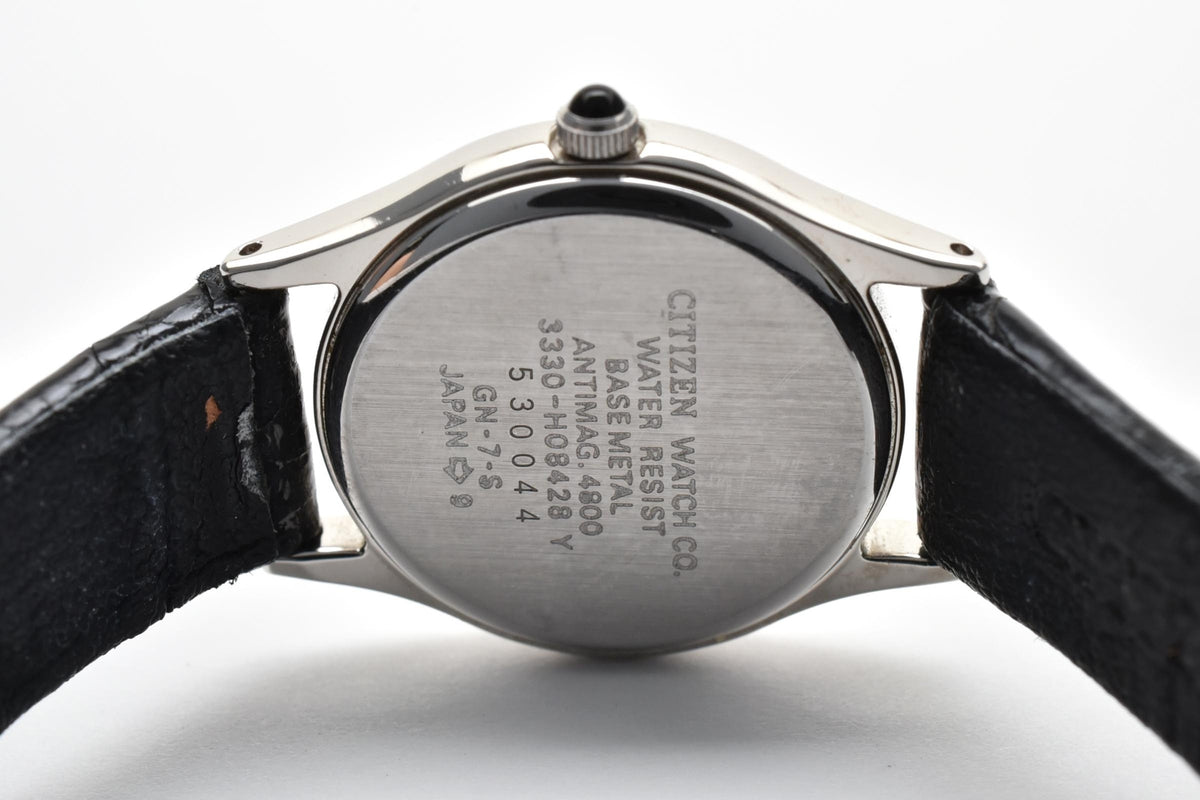 CITIZEN シチズン EXCEED エクシード 3330-H08428 レディース クォーツ 腕時計 ホワイト文字盤 アラビア数字 3針 ステンレス ブラック レザーストラップ 22mm 1990年代 ヴィンテージ