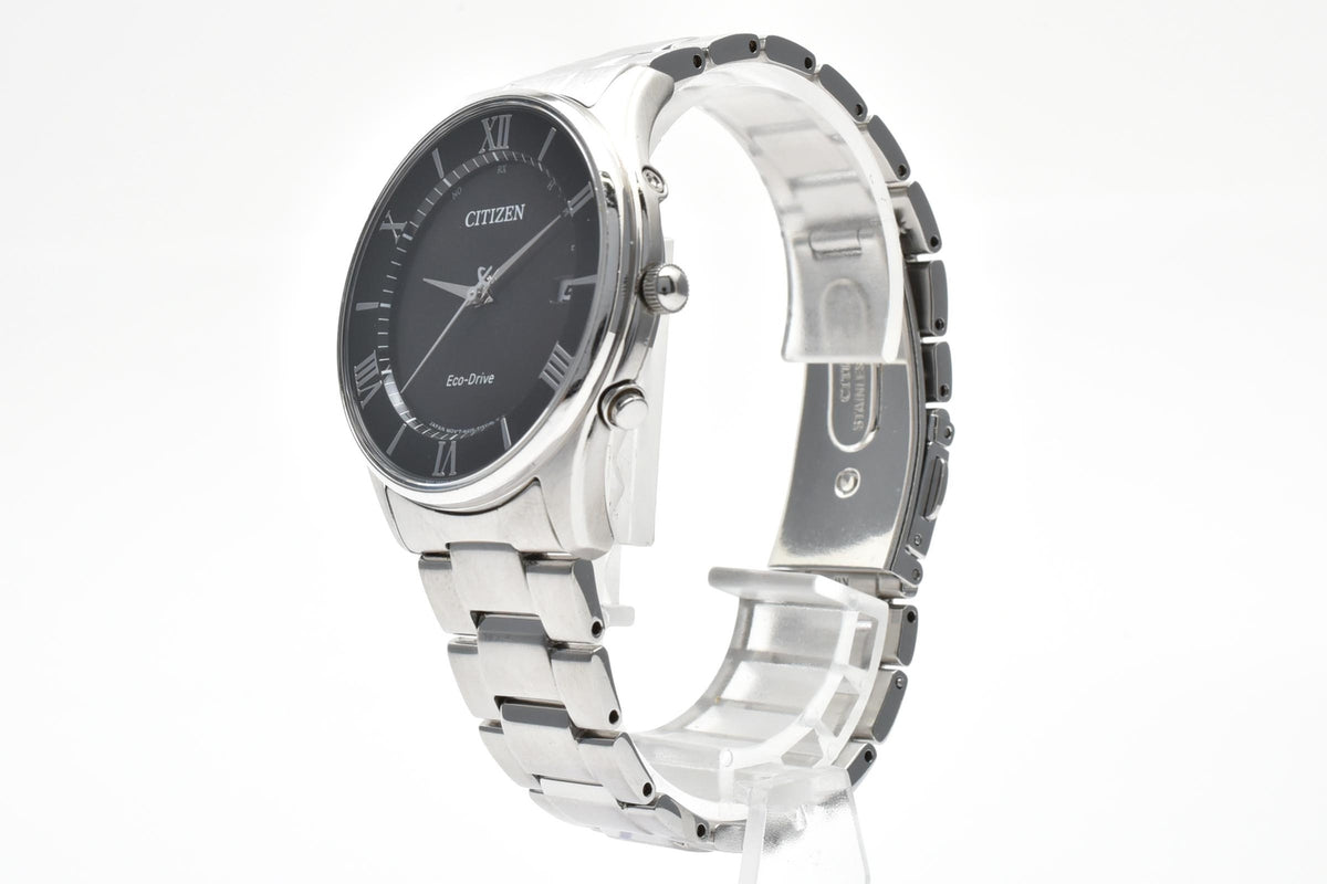 CITIZEN シチズン コレクション H415-S112907 メンズ エコドライブ 電波ソーラー 腕時計 ブラック文字盤 ローマ数字 デイト ステンレス ブレスレット 36.6mm 2010年代