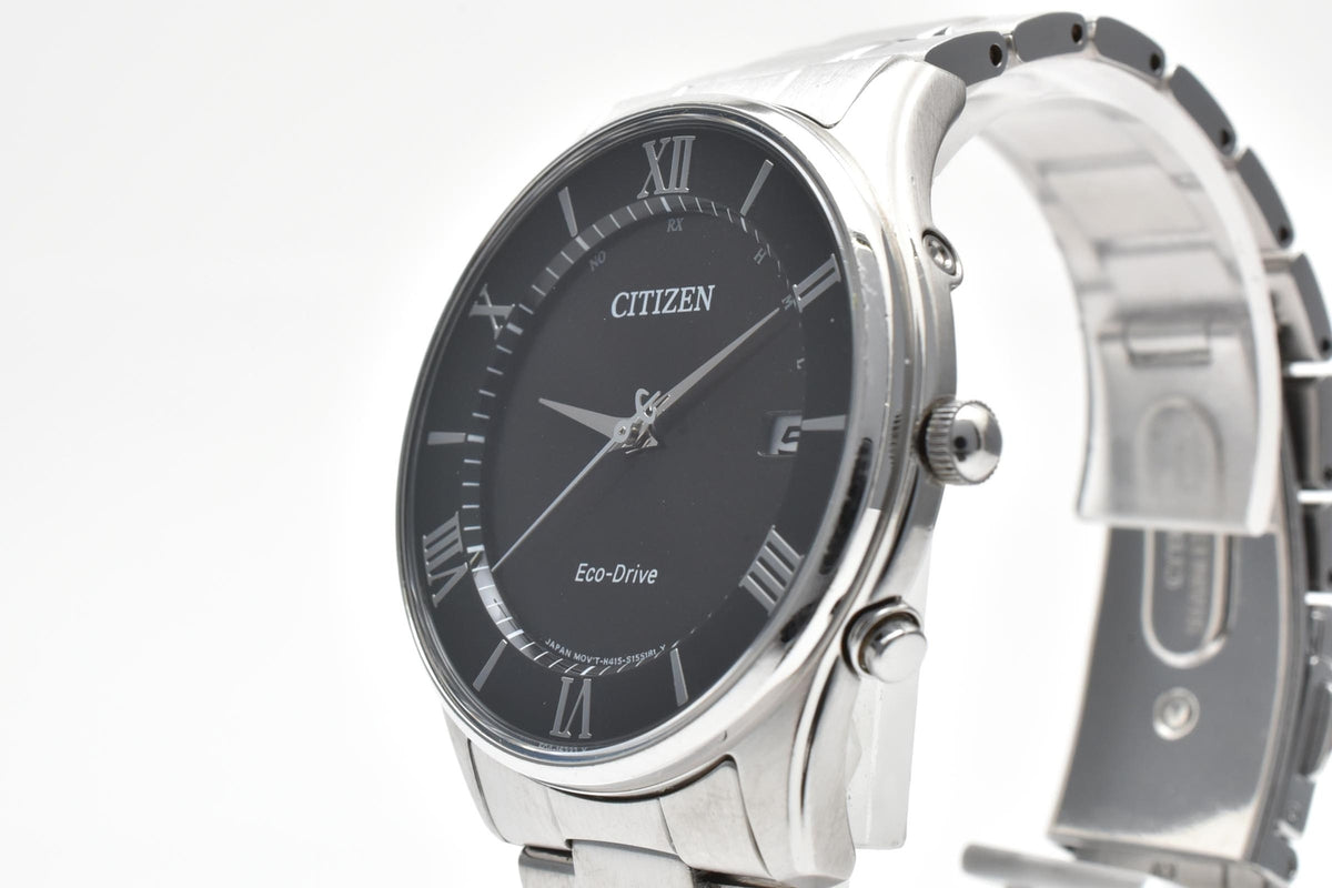 CITIZEN シチズン コレクション H415-S112907 メンズ エコドライブ 電波ソーラー 腕時計 ブラック文字盤 ローマ数字 デイト ステンレス ブレスレット 36.6mm 2010年代