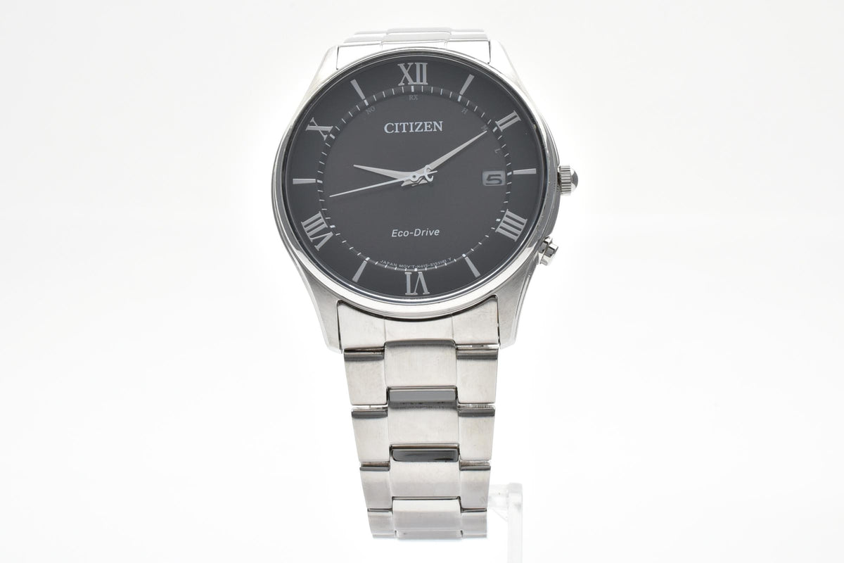CITIZEN シチズン コレクション H415-S112907 メンズ エコドライブ 電波ソーラー 腕時計 ブラック文字盤 ローマ数字 デイト ステンレス ブレスレット 36.6mm 2010年代