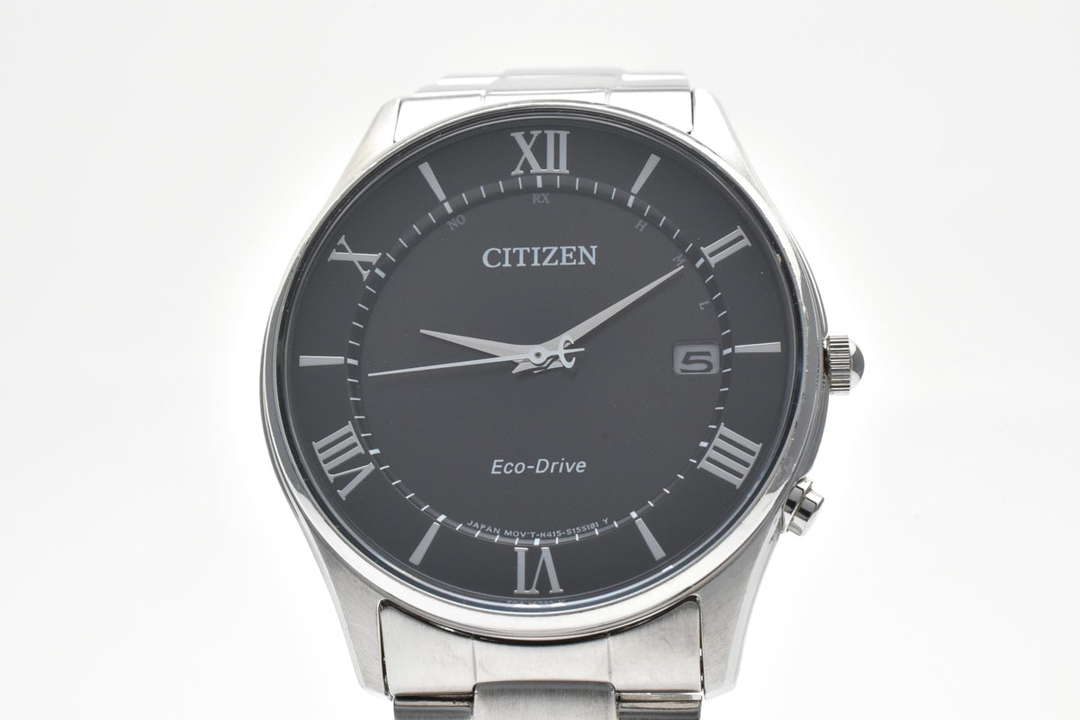 CITIZEN シチズン コレクション H415-S112907 メンズ エコドライブ 電波ソーラー 腕時計 ブラック文字盤 ローマ数字 デイト ステンレス ブレスレット 36.6mm 2010年代