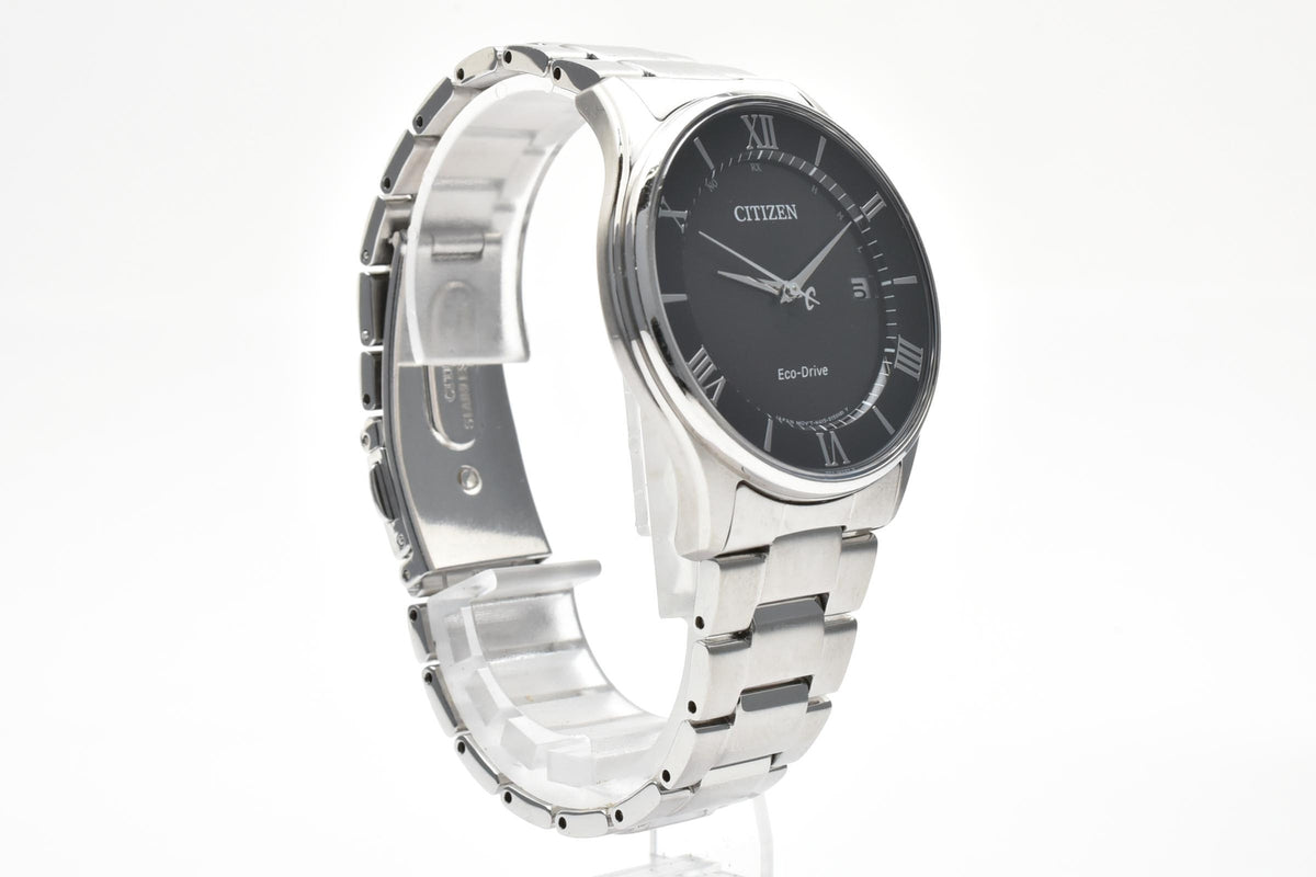 CITIZEN シチズン コレクション H415-S112907 メンズ エコドライブ 電波ソーラー 腕時計 ブラック文字盤 ローマ数字 デイト ステンレス ブレスレット 36.6mm 2010年代