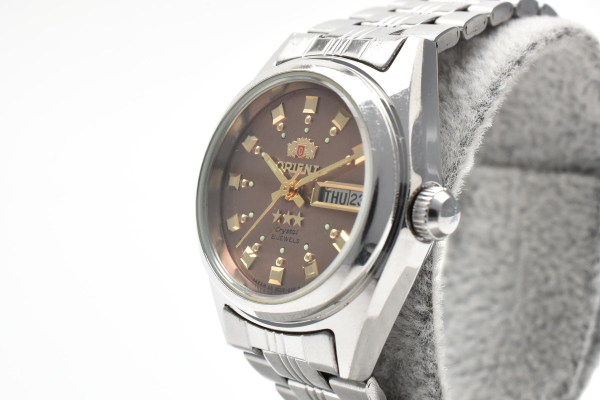 ORIENT オリエント Three Star スリースター 90s vintage NQ1P-Q0 レディース 自動巻き 腕時計 ブロンズ文字盤 デイデイト 3針 ステンレス ブレスレット 25.5mm 1990年代 ヴィンテージ