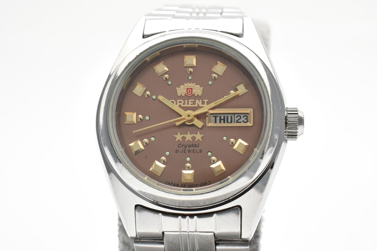 ORIENT オリエント Three Star スリースター 90s vintage NQ1P-Q0 レディース 自動巻き 腕時計 ブロンズ文字盤 デイデイト 3針 ステンレス ブレスレット 25.5mm 1990年代 ヴィンテージ