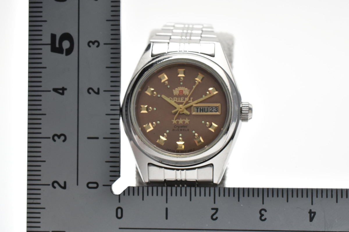 ORIENT オリエント Three Star スリースター 90s vintage NQ1P-Q0 レディース 自動巻き 腕時計 ブロンズ文字盤 デイデイト 3針 ステンレス ブレスレット 25.5mm 1990年代 ヴィンテージ