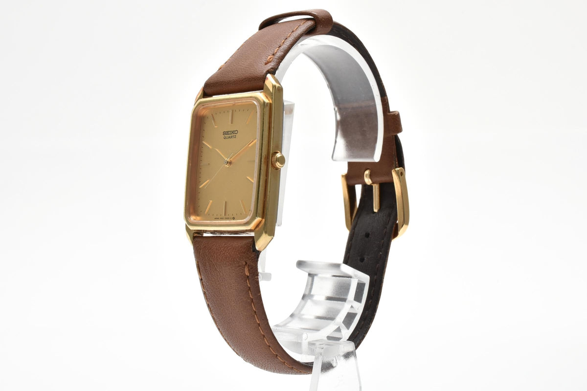 SEIKO セイコー Dolce ドルチェ 9021-5010 80s vintage メンズ クォーツ 腕時計 ゴールド文字盤 2針 長方形 SGP ステンレス ブラウン レザーストラップ 23mm 1980年代 ヴィンテージ