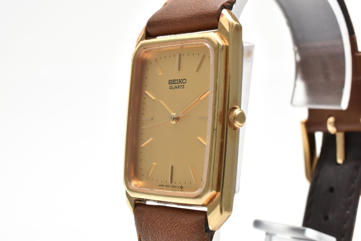 SEIKO セイコー Dolce ドルチェ 9021-5010 80s vintage メンズ クォーツ 腕時計 ゴールド文字盤 2針 長方形 SGP ステンレス ブラウン レザーストラップ 23mm 1980年代 ヴィンテージ