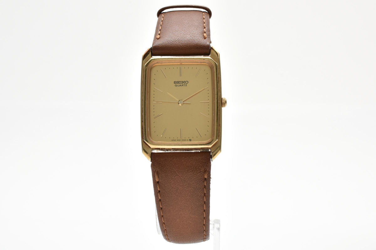 SEIKO セイコー Dolce ドルチェ 9021-5010 80s vintage メンズ クォーツ 腕時計 ゴールド文字盤 2針 長方形 SGP ステンレス ブラウン レザーストラップ 23mm 1980年代 ヴィンテージ