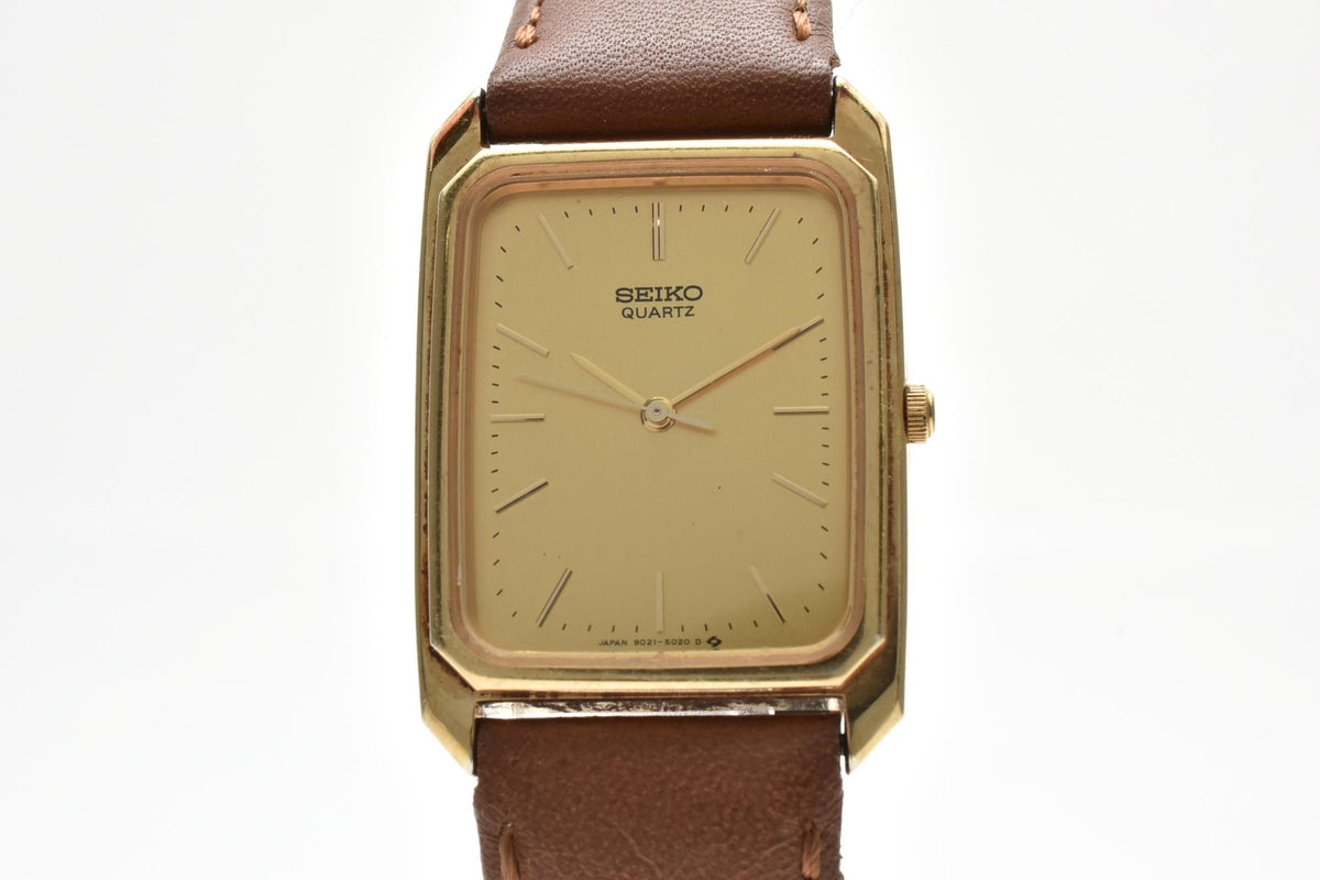 SEIKO セイコー Dolce ドルチェ 9021-5010 80s vintage メンズ クォーツ 腕時計 ゴールド文字盤 2針 長方形 SGP ステンレス ブラウン レザーストラップ 23mm 1980年代 ヴィンテージ