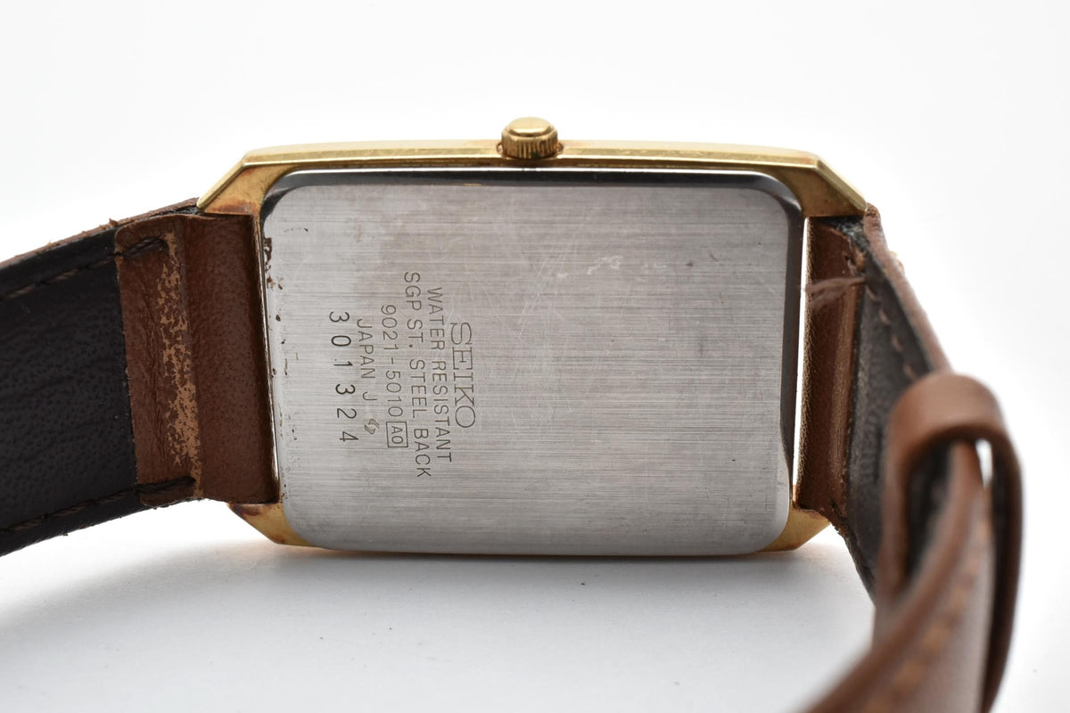 SEIKO セイコー Dolce ドルチェ 9021-5010 80s vintage メンズ クォーツ 腕時計 ゴールド文字盤 2針 長方形 SGP ステンレス ブラウン レザーストラップ 23mm 1980年代 ヴィンテージ