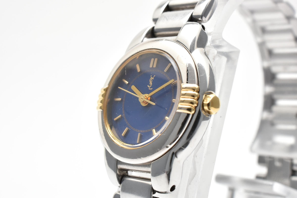 Yves Saint Laurent イヴサンローラン YSLロゴ カサンドラ 5930-F91474 レディース クォーツ 腕時計 ブルー文字盤 2針 ゴールドカラー ステンレス ブレスレット 21mm 1990年代 ヴィンテージ