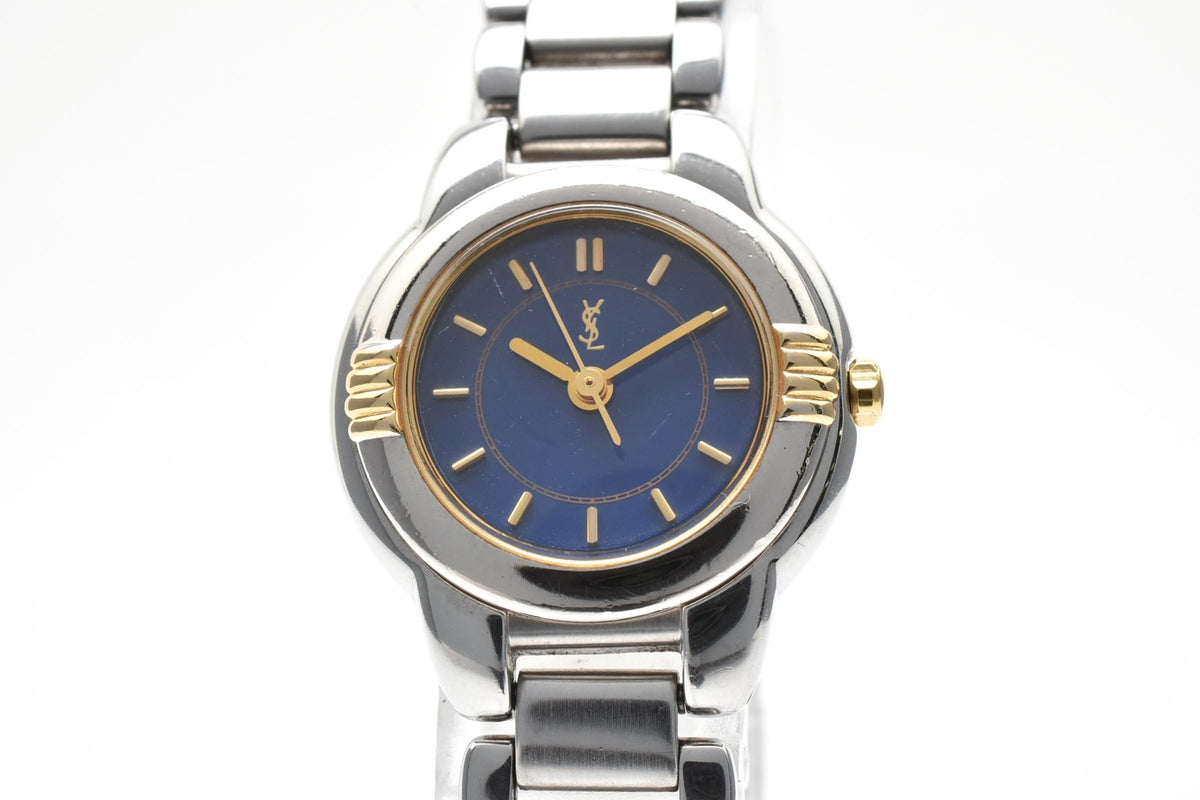 Yves Saint Laurent イヴサンローラン YSLロゴ カサンドラ 5930-F91474 レディース クォーツ 腕時計 ブルー文字盤 2針 ゴールドカラー ステンレス ブレスレット 21mm 1990年代 ヴィンテージ