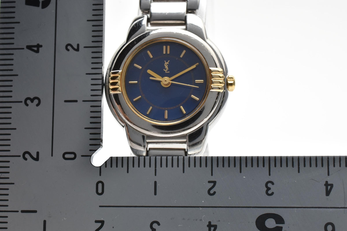Yves Saint Laurent イヴサンローラン YSLロゴ カサンドラ 5930-F91474 レディース クォーツ 腕時計 ブルー文字盤 2針 ゴールドカラー ステンレス ブレスレット 21mm 1990年代 ヴィンテージ