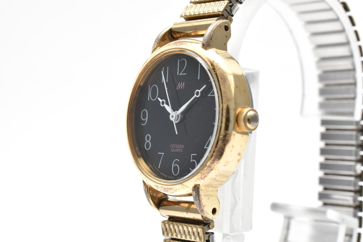 CITIZEN シチズン 2030-204107TA レディース クォーツ 腕時計 ブラック文字盤 アラビア数字 3針 ゴールドプレート 伸縮 ブレスレット 24.5mm 1980年代 ヴィンテージ