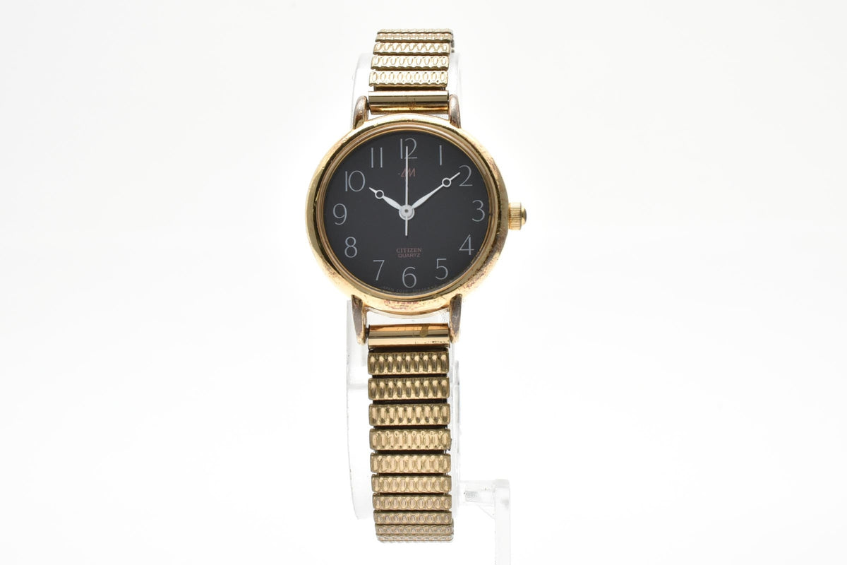 CITIZEN シチズン 2030-204107TA レディース クォーツ 腕時計 ブラック文字盤 アラビア数字 3針 ゴールドプレート 伸縮 ブレスレット 24.5mm 1980年代 ヴィンテージ