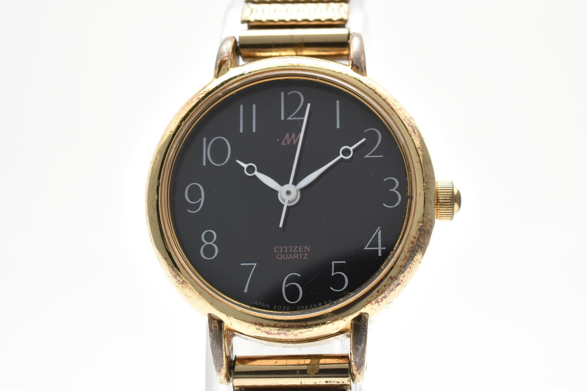 CITIZEN シチズン 2030-204107TA レディース クォーツ 腕時計 ブラック文字盤 アラビア数字 3針 ゴールドプレート 伸縮 ブレスレット 24.5mm 1980年代 ヴィンテージ