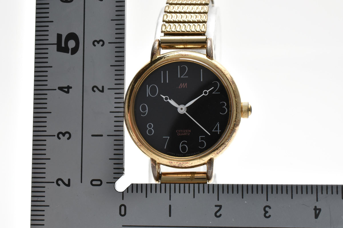 CITIZEN シチズン 2030-204107TA レディース クォーツ 腕時計 ブラック文字盤 アラビア数字 3針 ゴールドプレート 伸縮 ブレスレット 24.5mm 1980年代 ヴィンテージ