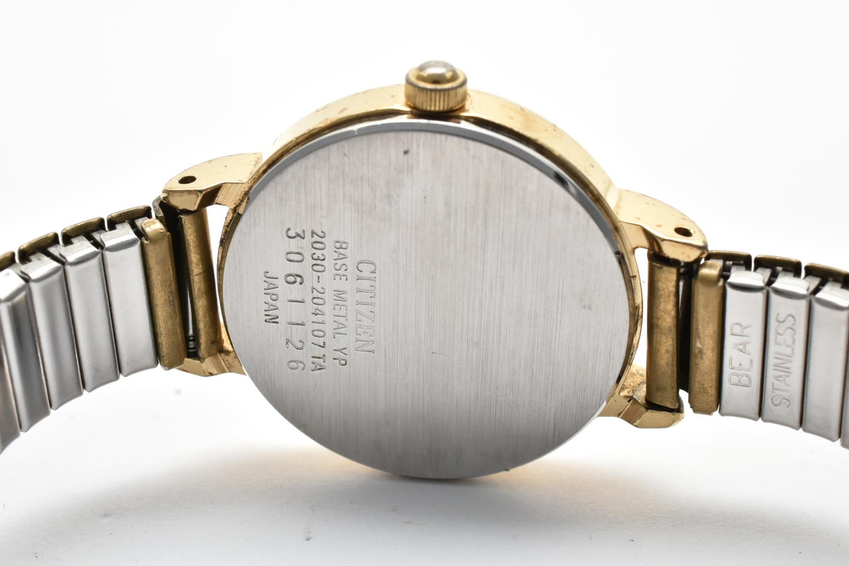 CITIZEN シチズン 2030-204107TA レディース クォーツ 腕時計 ブラック文字盤 アラビア数字 3針 ゴールドプレート 伸縮 ブレスレット 24.5mm 1980年代 ヴィンテージ