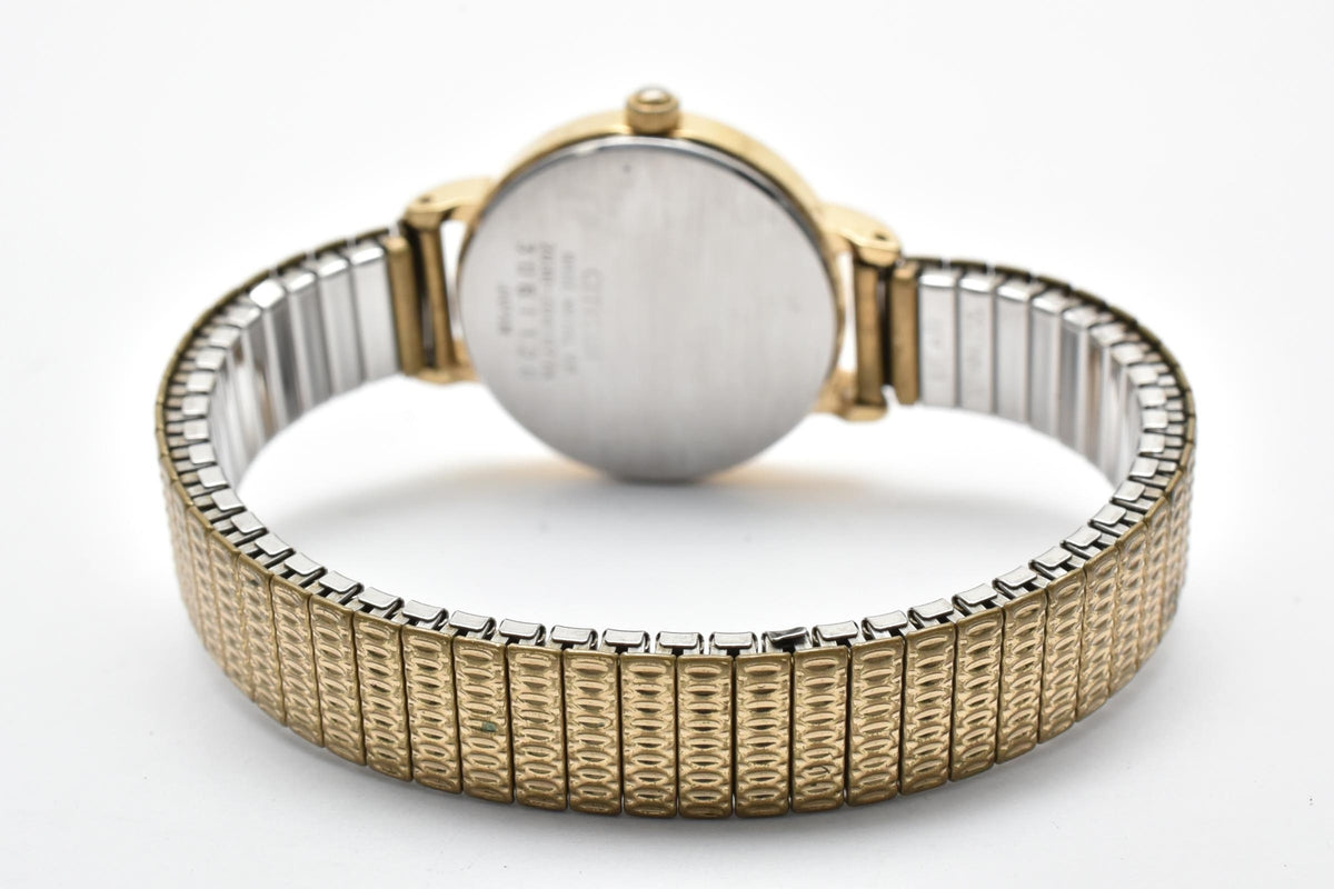CITIZEN シチズン 2030-204107TA レディース クォーツ 腕時計 ブラック文字盤 アラビア数字 3針 ゴールドプレート 伸縮 ブレスレット 24.5mm 1980年代 ヴィンテージ