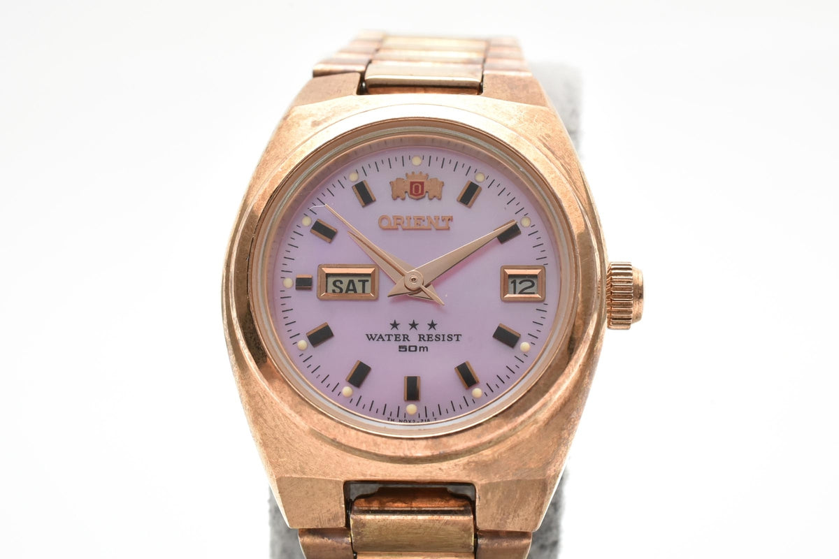 ORIENT オリエント Three Star スリースター NQ1R-R0 レディース 自動巻き 90s vintage 腕時計 ピンク文字盤 デイデイト ゴールドプレート ブレスレット 1990年代 ヴィンテージ