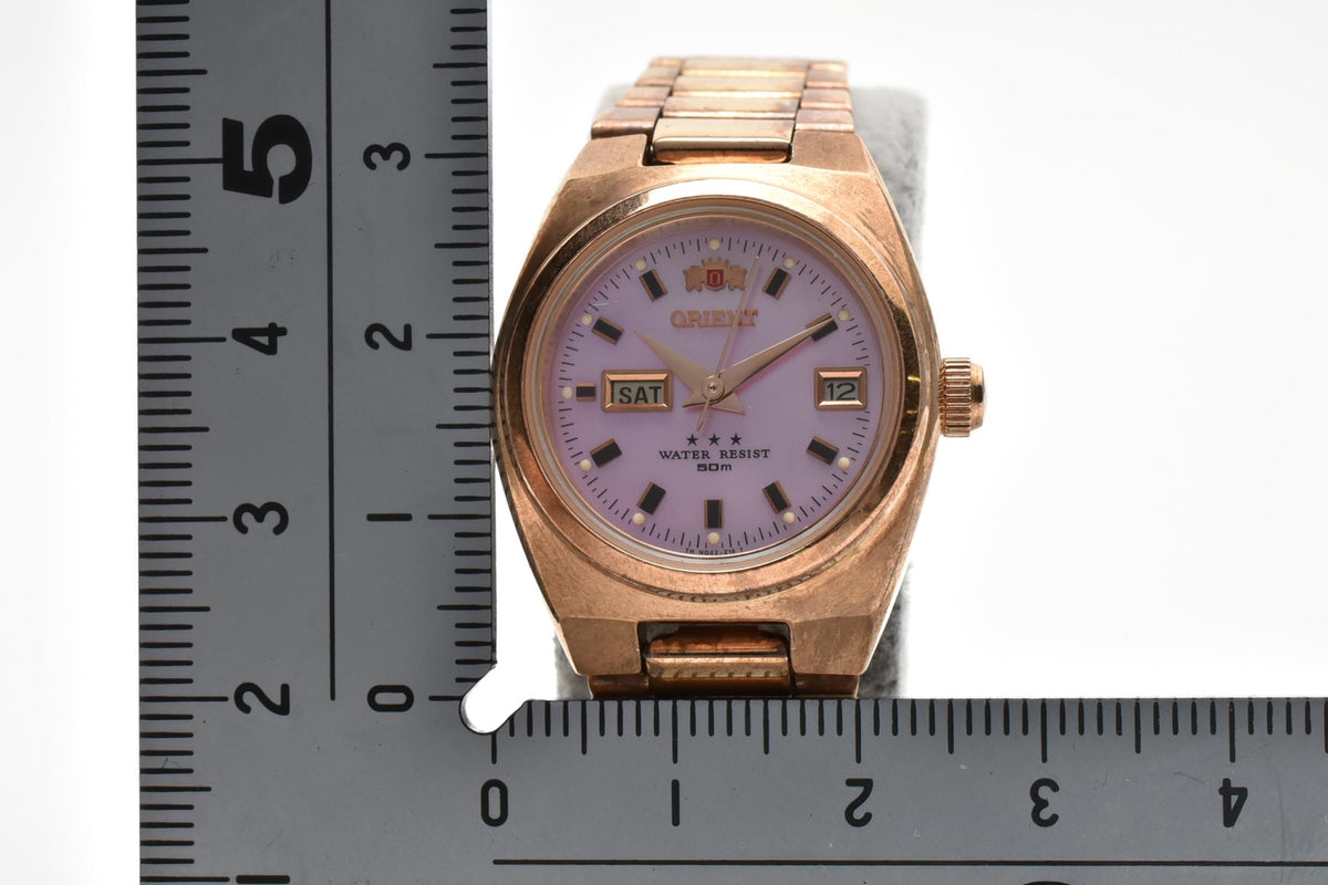 ORIENT オリエント Three Star スリースター NQ1R-R0 レディース 自動巻き 90s vintage 腕時計 ピンク文字盤 デイデイト ゴールドプレート ブレスレット 1990年代 ヴィンテージ