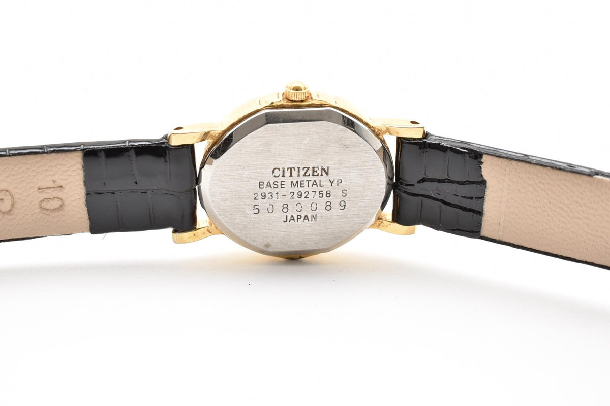 CITIZEN シチズン 2931-292758 80s vintage レディース クォーツ 腕時計 ゴールド文字盤 ローマ数字 ステンレスケース ブラック レザーストラップ 17.7mm 1980年代 ヴィンテージ