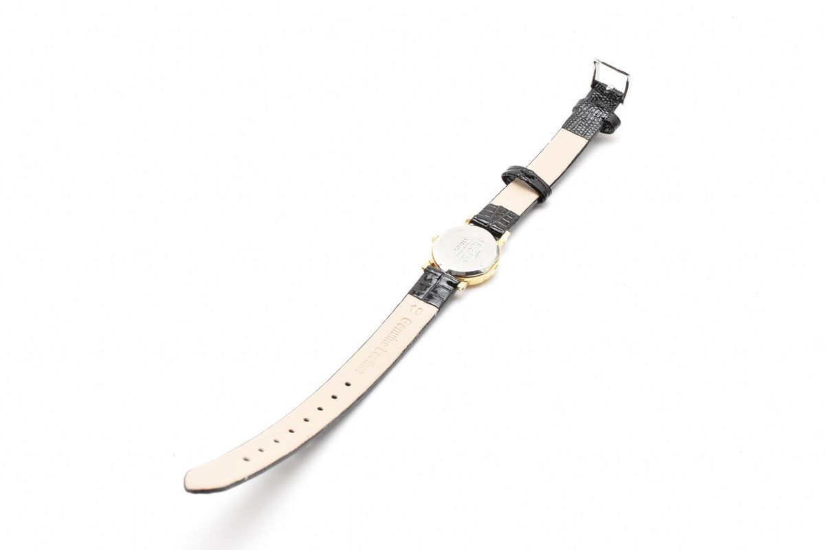 CITIZEN シチズン 2931-292758 80s vintage レディース クォーツ 腕時計 ゴールド文字盤 ローマ数字 ステンレスケース ブラック レザーストラップ 17.7mm 1980年代 ヴィンテージ