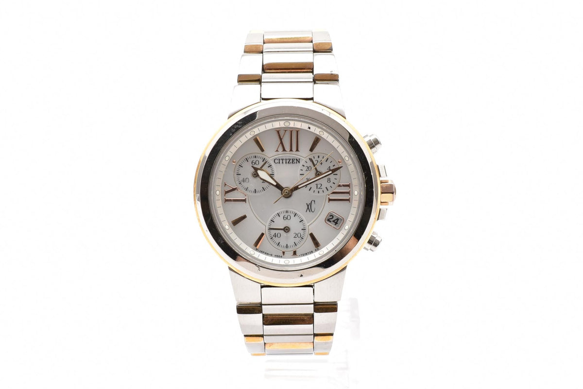CITIZEN シチズン H504-T012507 メンズ クォーツ クロノグラフ 腕時計 ホワイト文字盤 マルチダイヤル ステンレス コンビ ブレスレット 31mm 2000年代