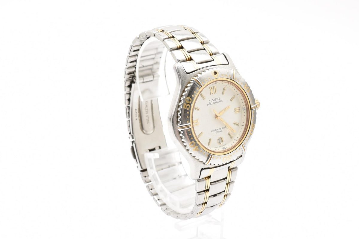 CASIO カシオ Euro Elegance ユーロエレガンス MD-606 メンズ クォーツ 腕時計 ホワイト文字盤 ローマ数字 デイト ステンレス コンビ ブレスレット 35.6mm 1990年代 ヴィンテージ